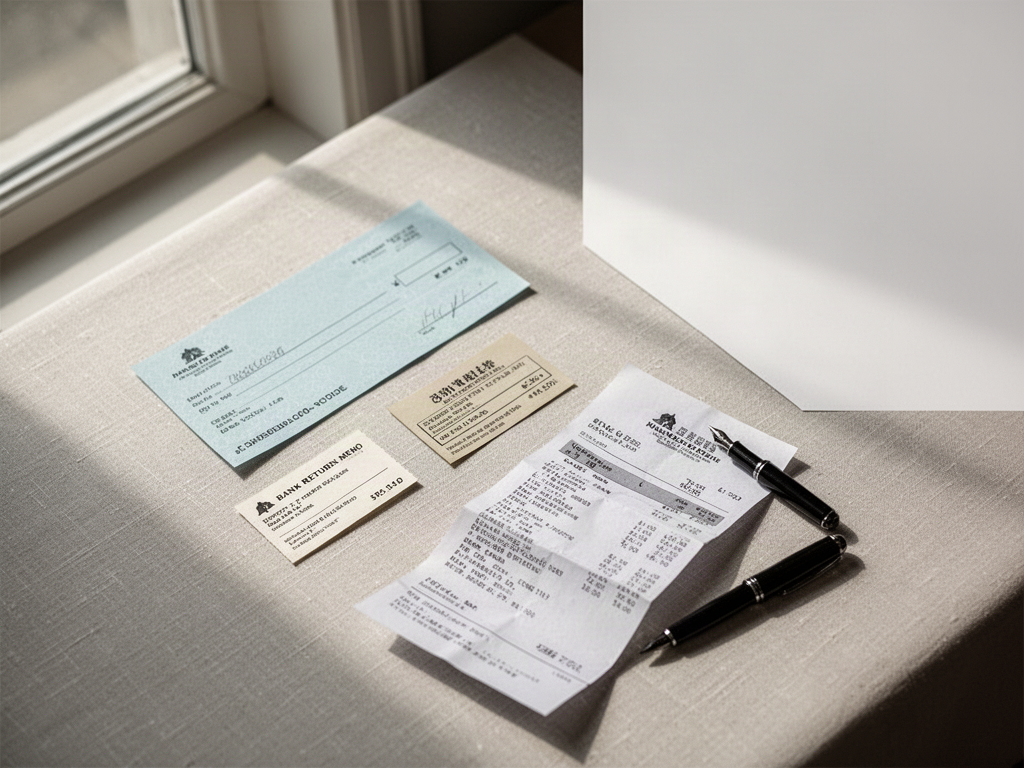 Cheque and bank return memo documents on desk